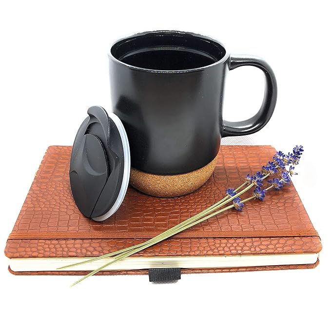 Ceramic Coffee Cup Mug with lid and Cork Bottom