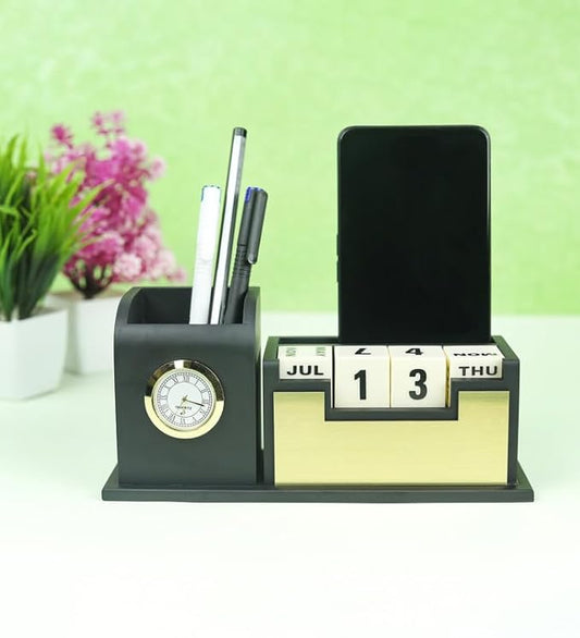 Personalise Pen Stand For Office Table, Desk Organizer With Wooden Calendar, Pen Stand, Mobile Holder For Home And Office - Customized, Personalized Gift for Teachers, Doctors, Employees